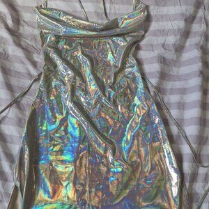 SHEIN Silver Knit Holographic Strappy Mini Slip Dress Cowl Neck Sleeveless XS